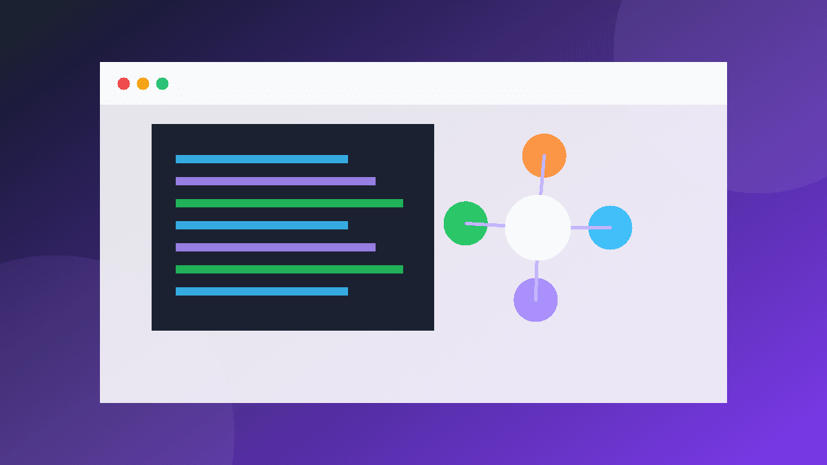 Ilustrasi jendela kode API dan node webhook yang saling terhubung.